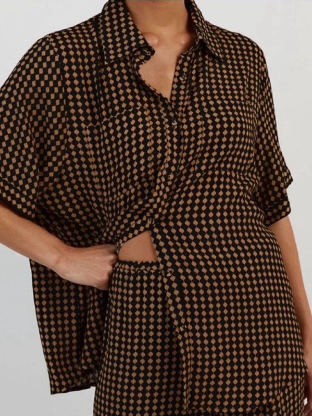 DISSH Black and Tan Geometric Short Sleeve Button-Up Shirt